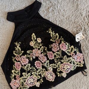 Jodi Kristopher Black Floral Embroidered Crop Top